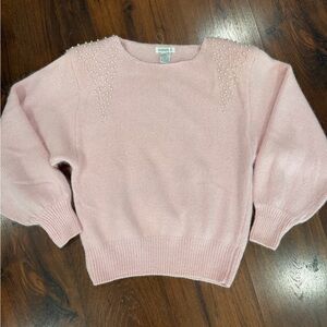 Vtg susann d silk angora blend baby pink embellished sweater with shoulder pads